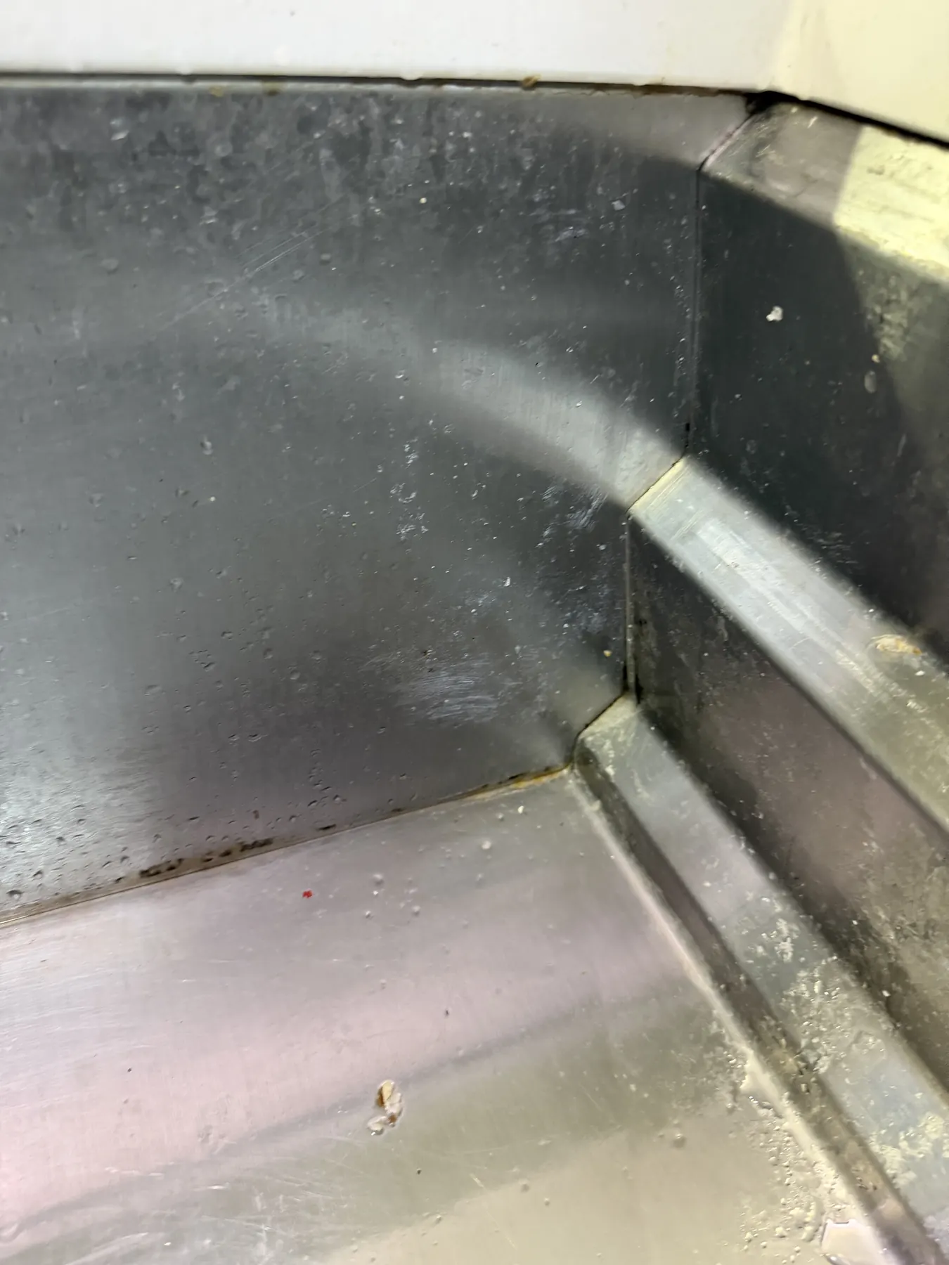 Client-provided close-up before photo showing residue along the stainless-steel sink edge